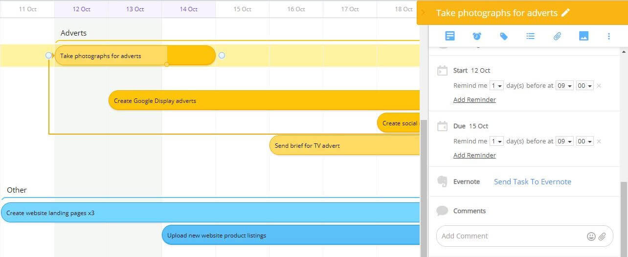 Set start dates and due dates in Gantt Timeline