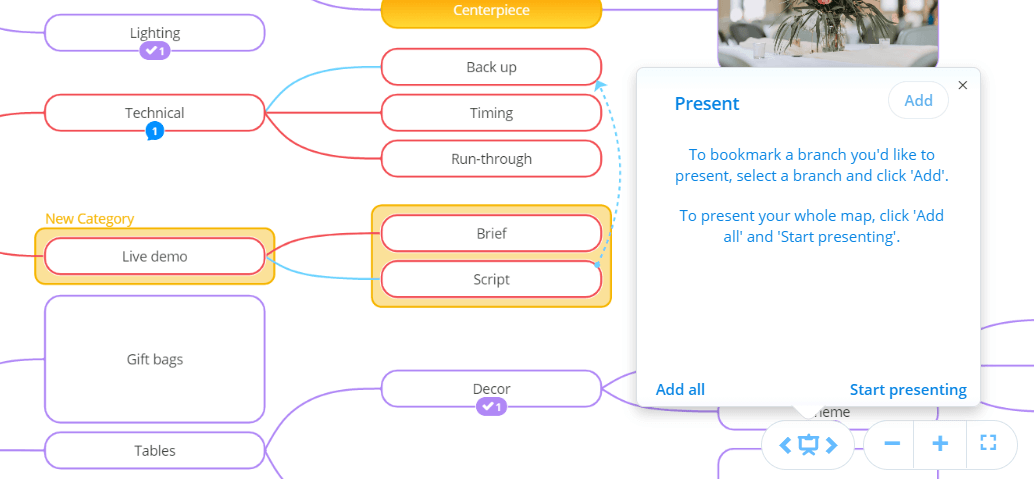 Close-up of present window for Ayoa's mind map present tool