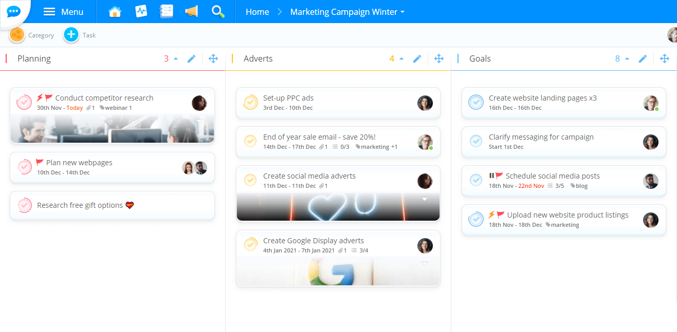 Agile team managing marketing campaign in an Ayoa task board