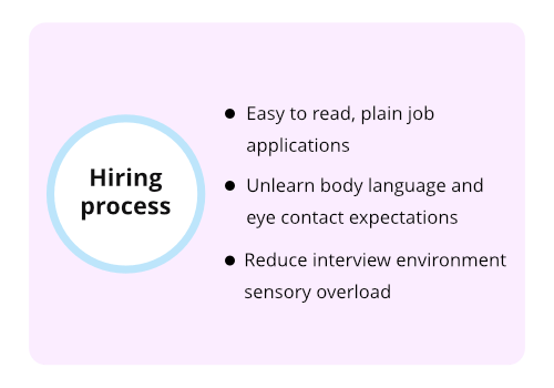 A pale pink slide with suggestions on how to improve hiring processes to support neurodiversity.