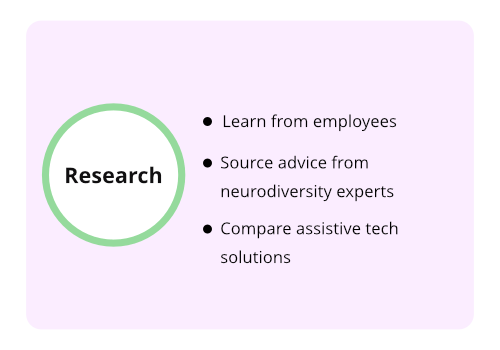 A pale pink slide with suggestions on what to research and how to research upon supporting neurodiversity in the workplace.