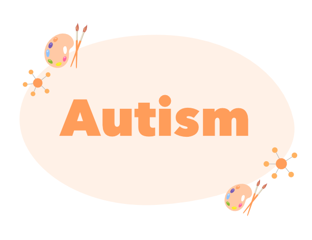 Autism in bubble writing on an orange background with atoms and paints