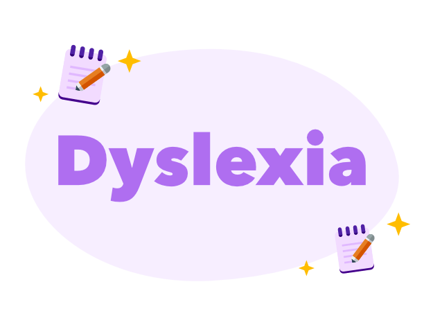 Dyslexia in bubble writing on a purple background with notepads